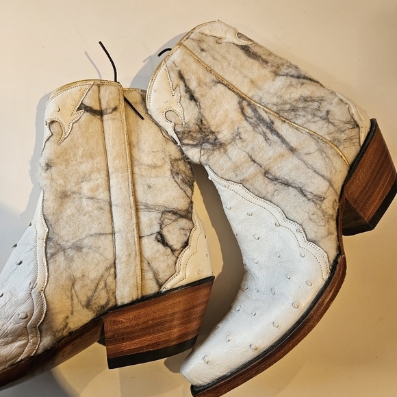 Back At The Ranch White Marble Ostrich Zipper Ankle Cowboy Boots - Picture 4 of 11
